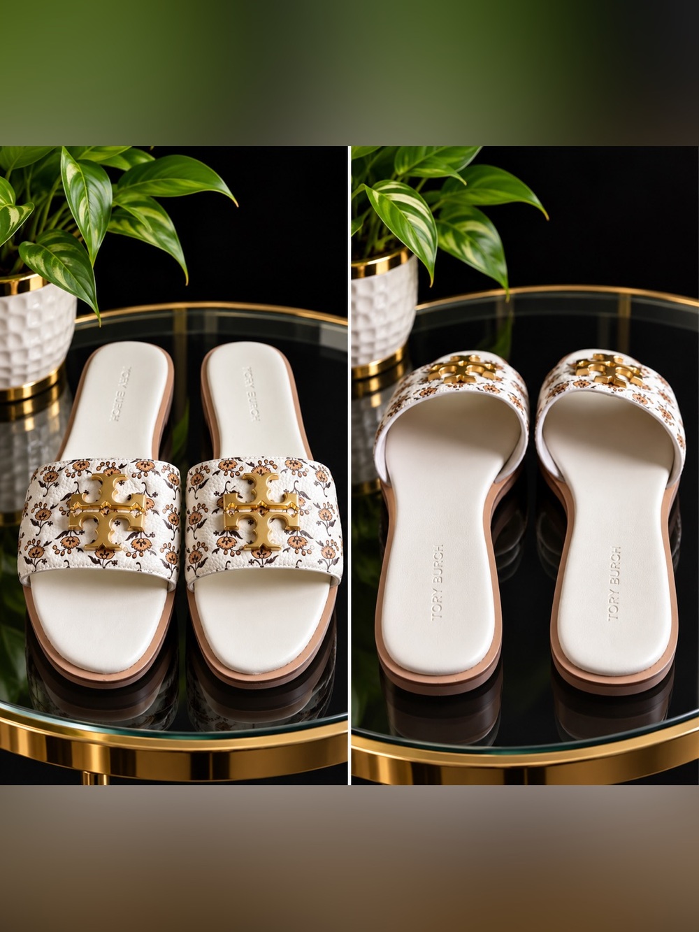 Tory Burch White Floral Slide Sandals with Gold Logo